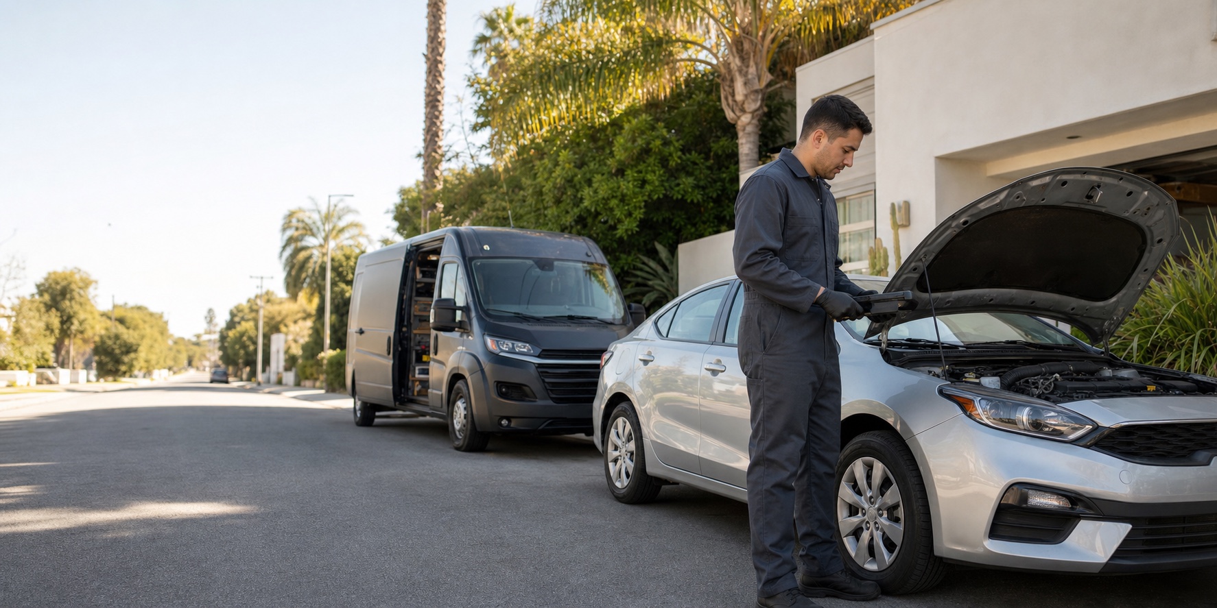 A mobile mechanic standing beside a compact car at a Los Angeles home
